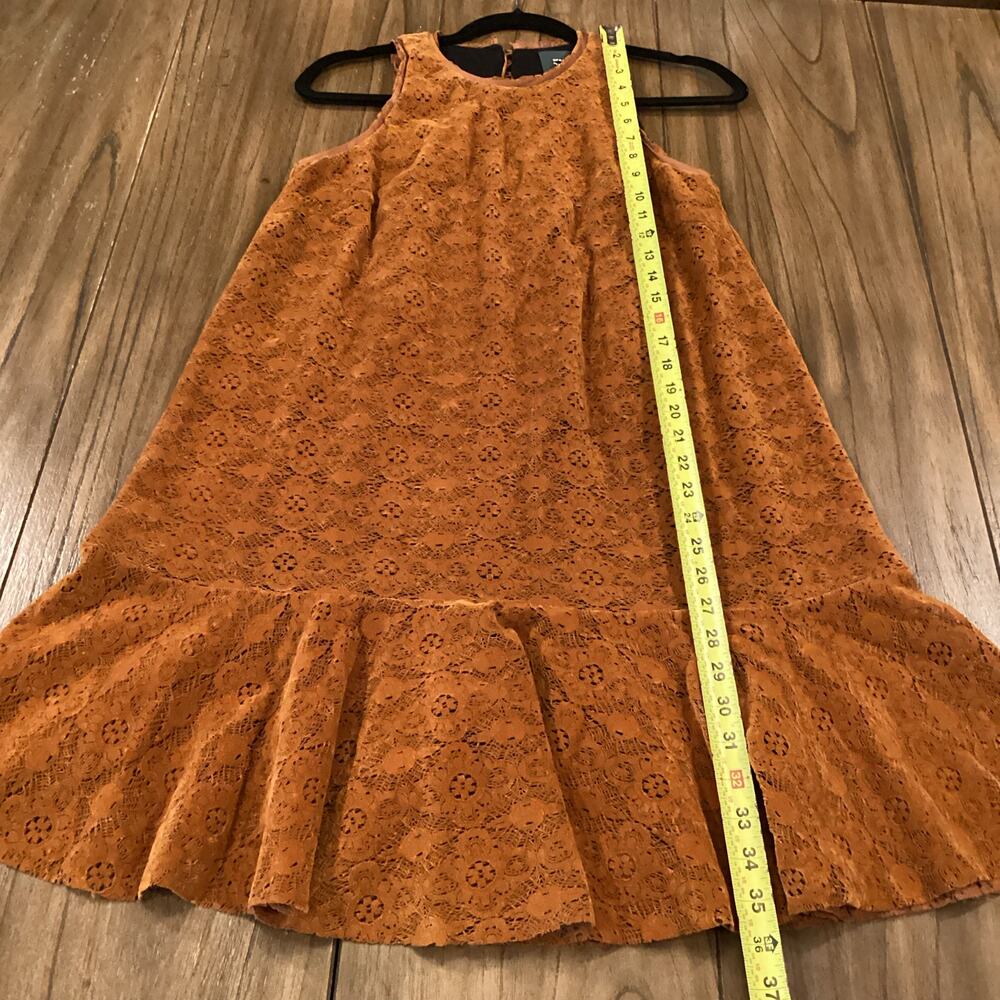 Maeve Amis Anthropologie Copper brown CottonVelvet eyelet Ruffle mini Dress 2 - Picture 6 of 9